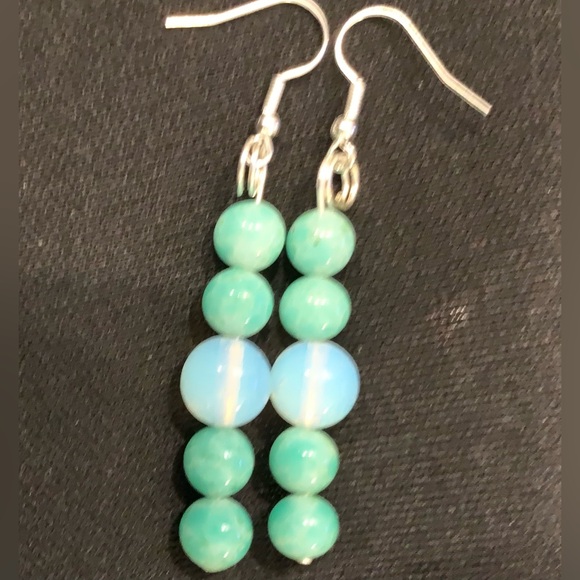 Hand Crafted Earrings using Opalite beads w/green stone beads on fish hooks 2.5” - Picture 2 of 2